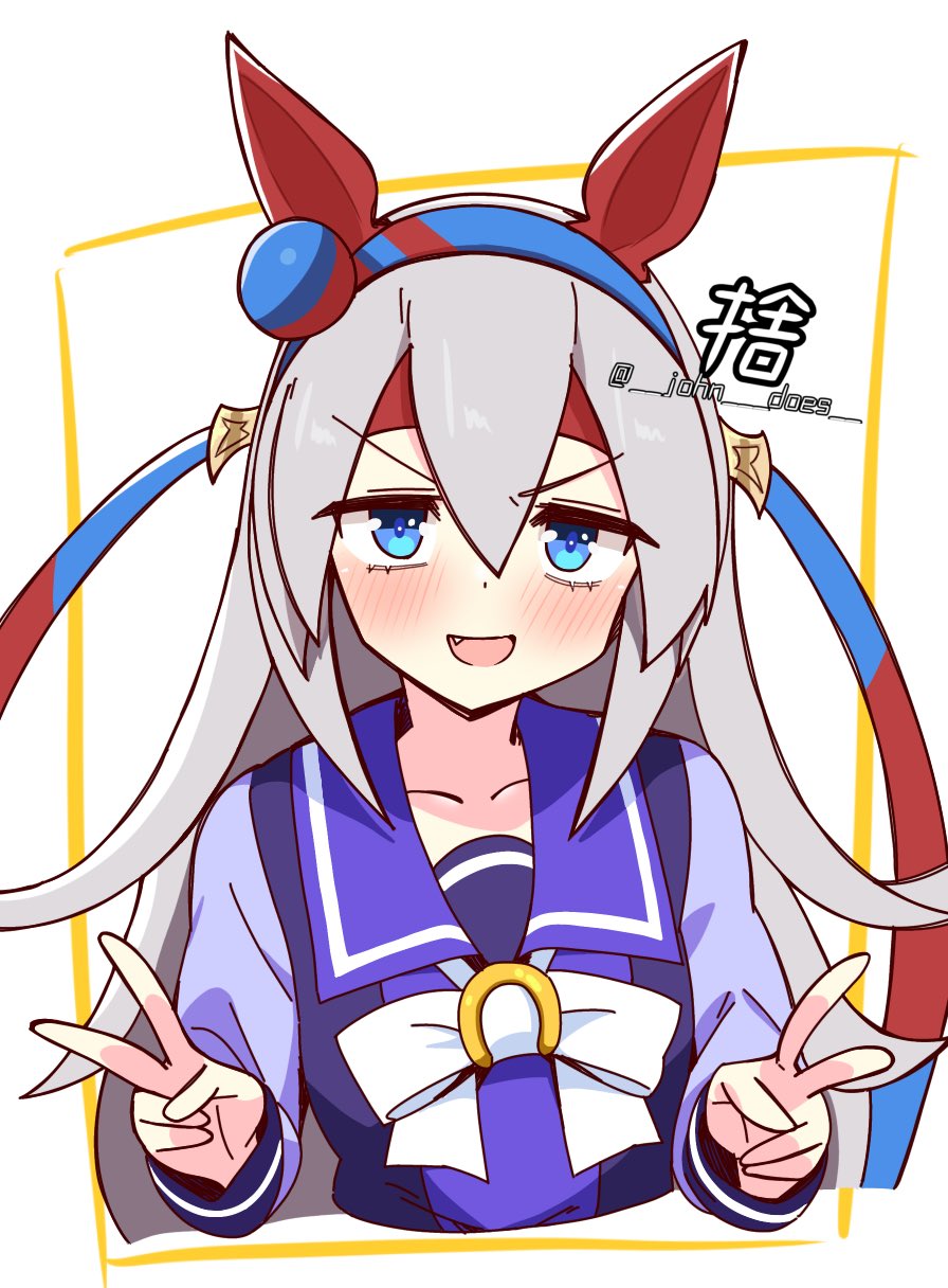 1girl, animal_ears, blush, breasts, commentary_request, double_v, fang, grey_hair