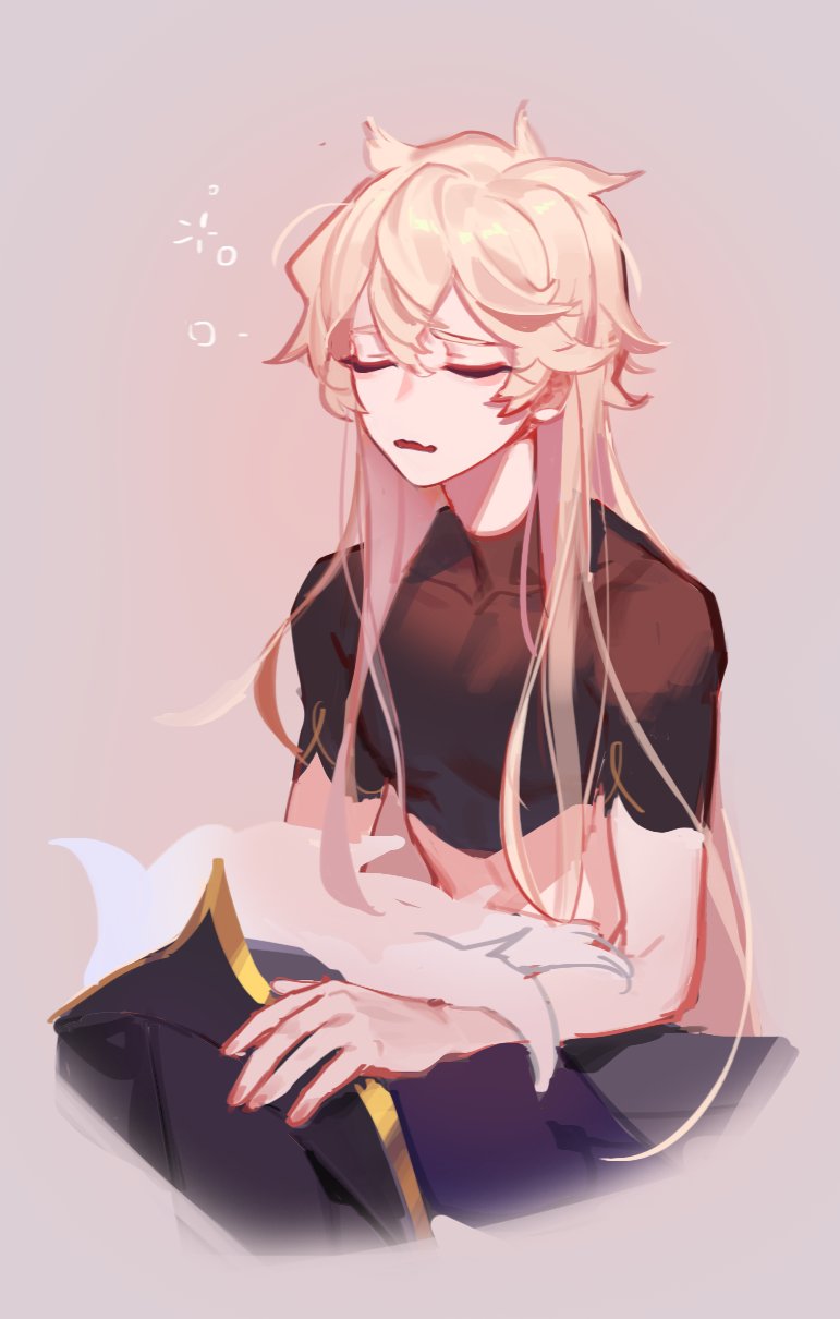 aether_(genshin_impact), black_jacket, blonde_hair, closed_eyes, genshin_impact, long_hair, loose_hair, open_mouth, pink_background, simple_background, ventuspluma, waking_up