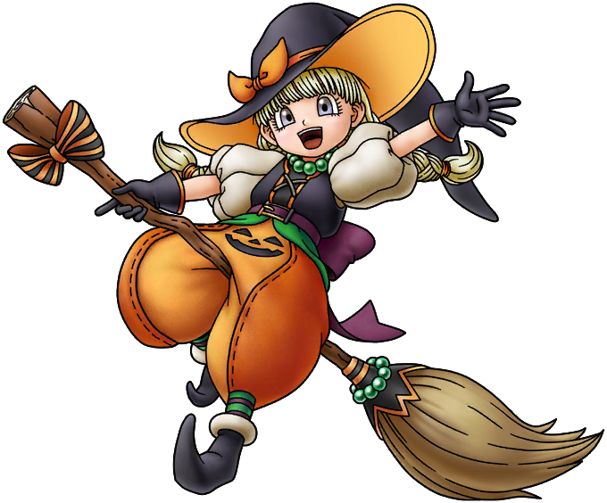 1girl, :d, artist_request, bead_necklace, beads, black_bow, black_gloves, blonde_hair, bow, braid, broom, broom_riding, dragon_quest, dragon_quest_tact, dragon_quest_xi, floating_hair, full_body, game_cg, gloves, halloween, hat, jewelry, looking_at_viewer, low_twin_braids, necklace, official_alternate_costume, official_art, open_mouth, orange_bow, puffy_short_sleeves, puffy_sleeves, purple_bow, short_sleeves, smile, solo, striped_bow, third-party_source, transparent_background, twin_braids, twintails, veronica_(dq11), violet_eyes, waist_bow, waving, witch_hat