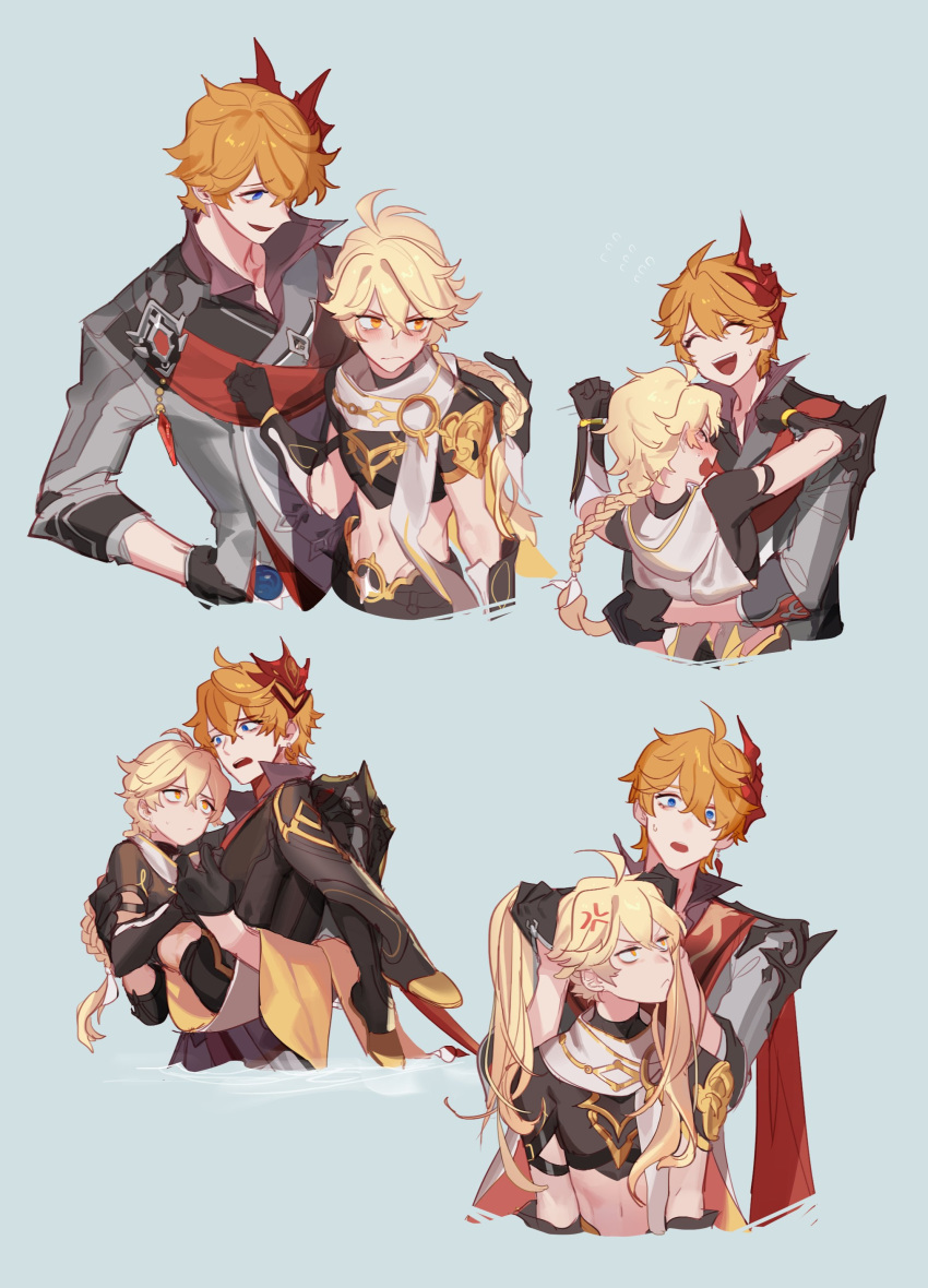 2boys, aether_(genshin_impact), blonde_hair, blue_background, blue_eyes, blush, braid, childe_(genshin_impact)