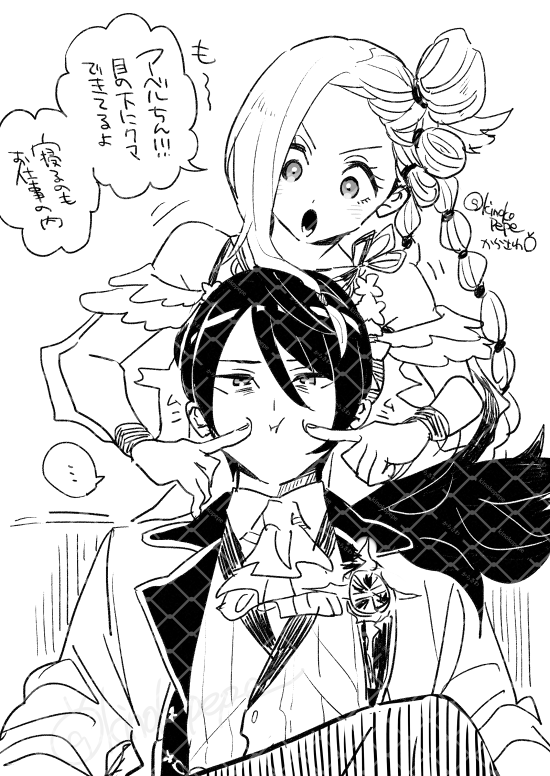 1boy, 1girl, black_hair, greyscale, long_hair, medium_o'connell, monochrome, open_mouth, poking, re:zero_kara_hajimeru_isekai_seikatsu, sketch, speech_bubble, v-shaped_eyebrows, very_long_hair, vincent_vollachia