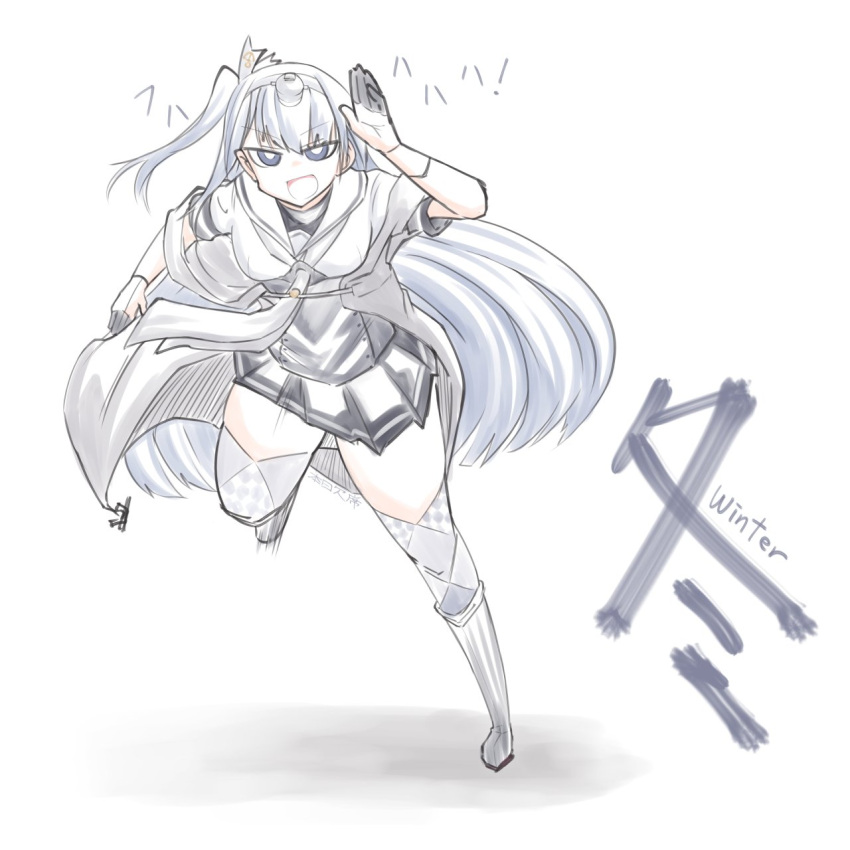 1girl, anchor_hair_ornament, black_gloves, boots, checkered_socks, fuyutsuki_(kancolle), gloves, grey_eyes