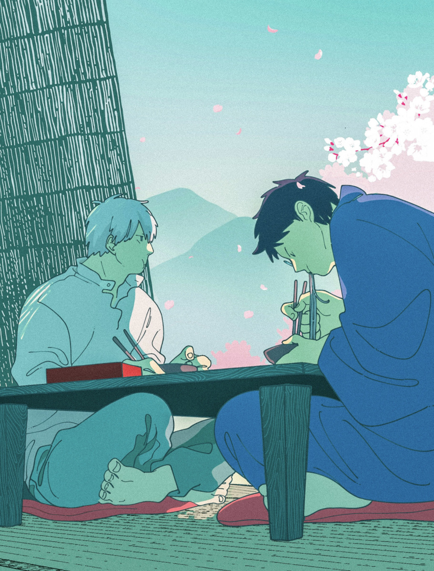 2024, 2boys, barefoot, black_hair, blue_kimono, bowl, cherry_blossoms, chopsticks, crossed_legs, eating, food, ginko_(mushishi), highres, holding, holding_chopsticks, japanese_clothes, kimono, looking_outside, mi_(rokudenashi), mountain, multiple_boys, mushishi, noodles, shirt, sitting, table, white_hair, white_shirt