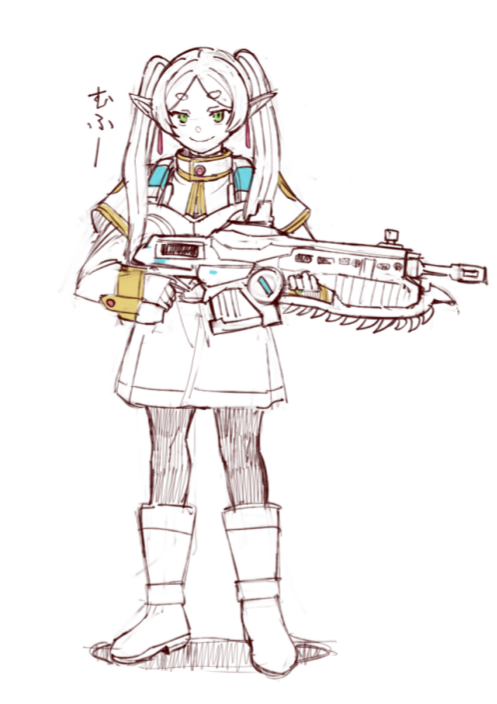 1girl, black_pantyhose, boots, capelet, crossover, dress, frieren, gears_of_war, green_eyes, gun, hair_behind_ear, holding, holding_gun, holding_weapon, kin-san_(sasuraiga), lancer_(gears_of_war), long_pointy_ears, pantyhose, parted_bangs, pointy_ears, short_eyebrows, smile, solo, sousou_no_frieren, twintails, weapon, white_capelet, white_dress, white_footwear