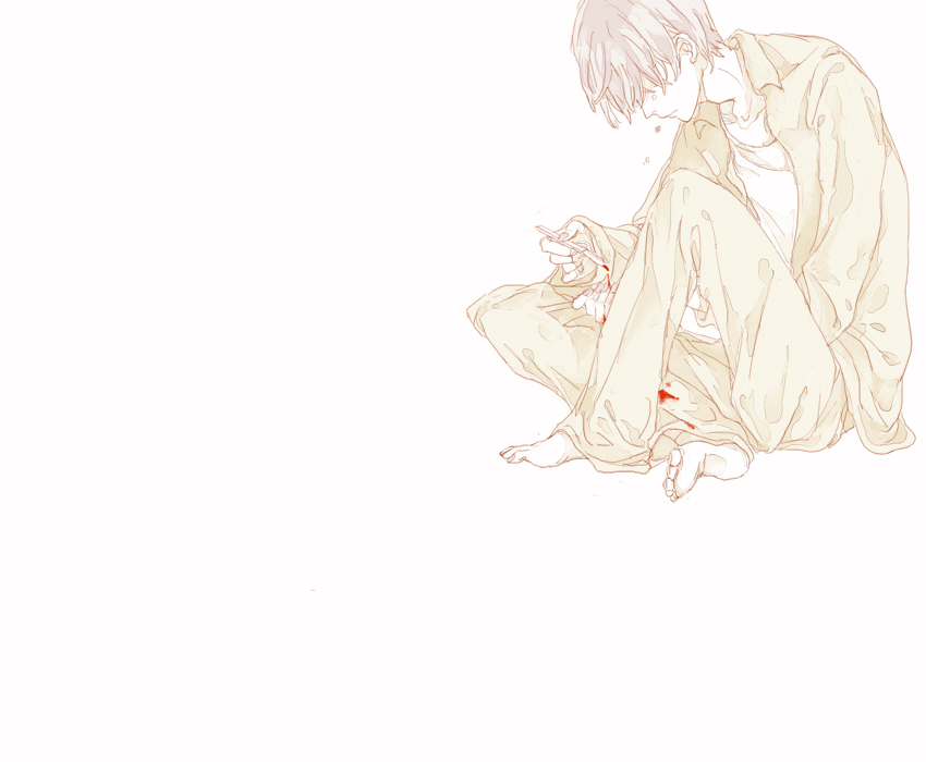blood, blue_hair, bowing_head, head_down, kaito, male, monochrome, no_eyes