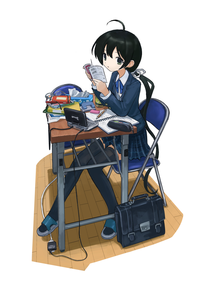 1girl, ahoge, anbiyori, bag, black_hair, blazer, book, chair