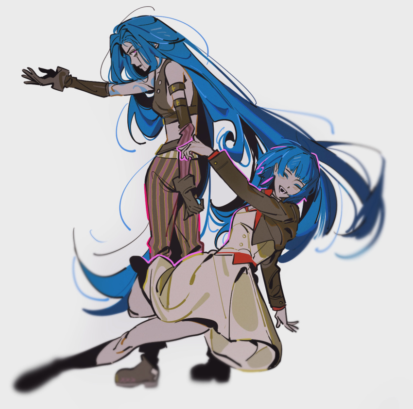 :d, arcane:_league_of_legends, arcane_jinx, arm_tattoo, bare_shoulders, blue_hair, blue_tattoo, blurry