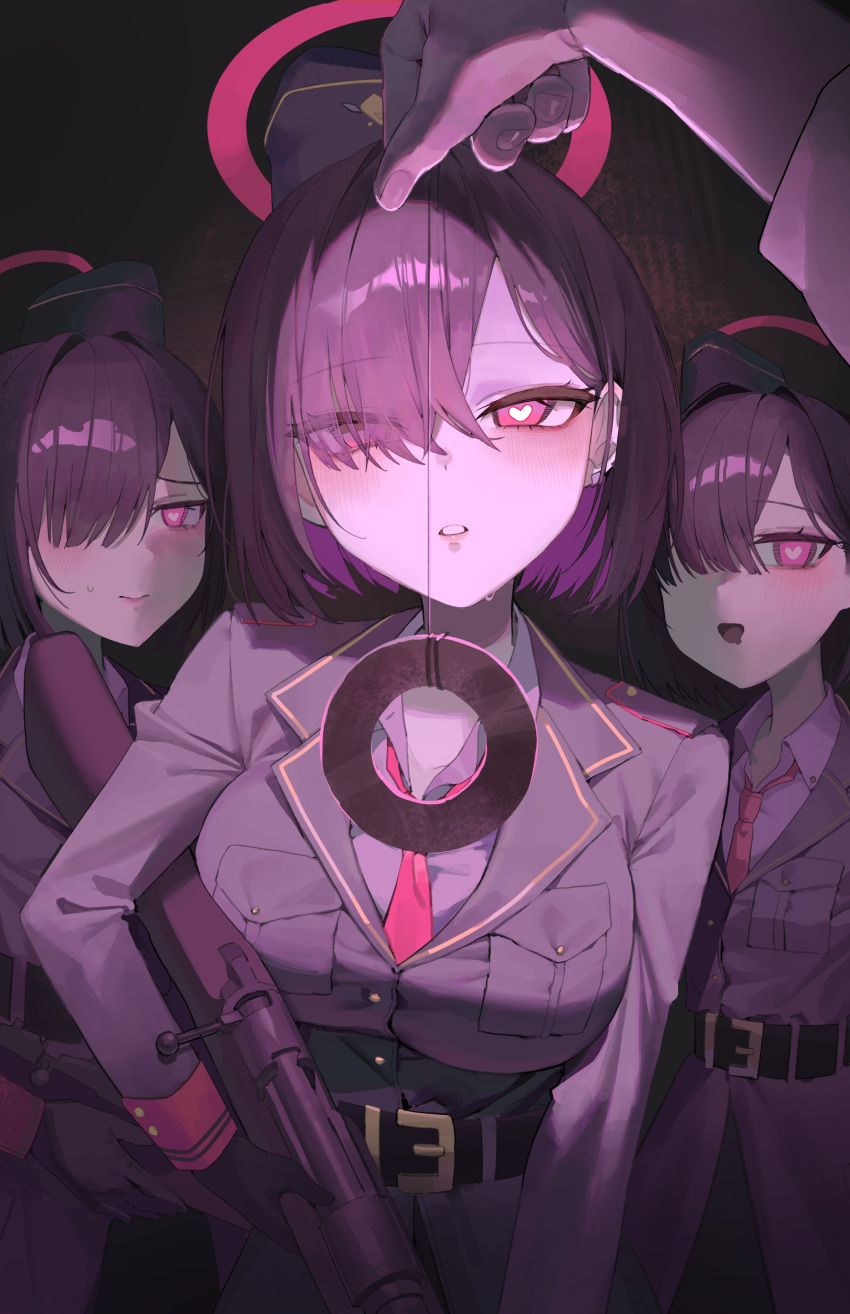 1boy, 3girls, absurdres, black_hair, black_jacket, blue_archive, blush, bolt_action