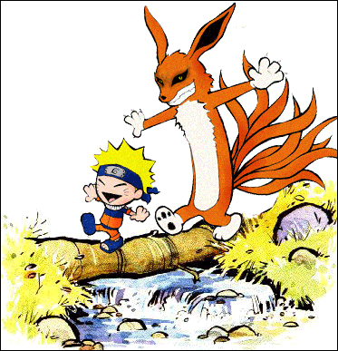 artist_request, aside_glance, bill_watterson_(style), calvin_&amp;_hobbes, calvin_and_hobbes, comedy, fox, funny, kyuubi, kyuubi_(naruto), log, lowres, naruto, parody, river, rock, stream, style_parody, uzumaki_naruto