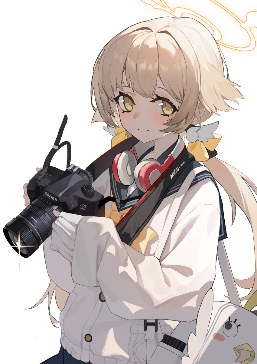 1girl, absurdres, blue_archive, brown_hair, camera, camera_hold_pose_(han-0v0), canon_(company), closed_mouth