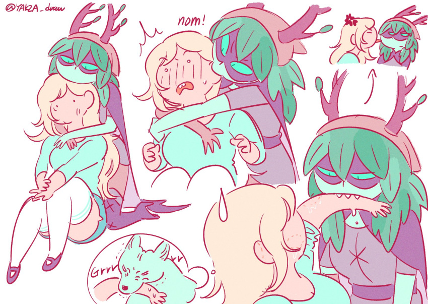 2girls, adventure_time, adventure_time:_fionna_and_cake, biting, blonde_hair, blush, colored_skin, dog