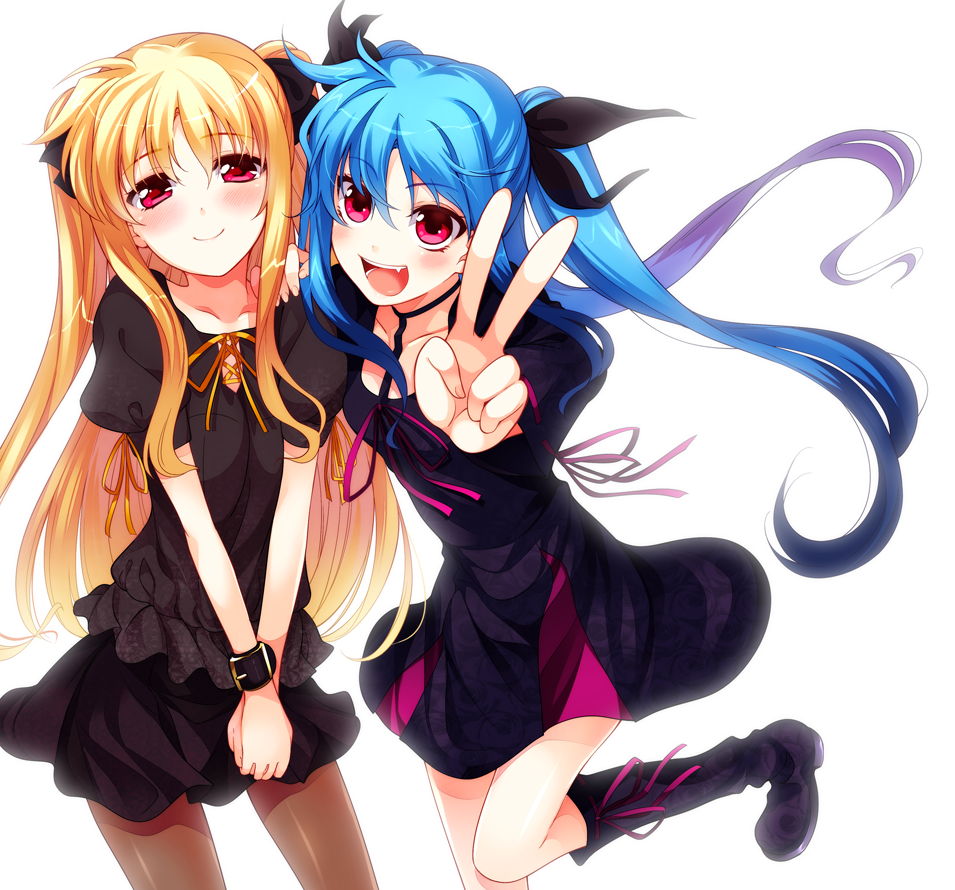 blonde_hair, blue_hair, blush, fang, fate_testarossa, hair_ribbon, kawakami_shuuichi, lyrical_nanoha