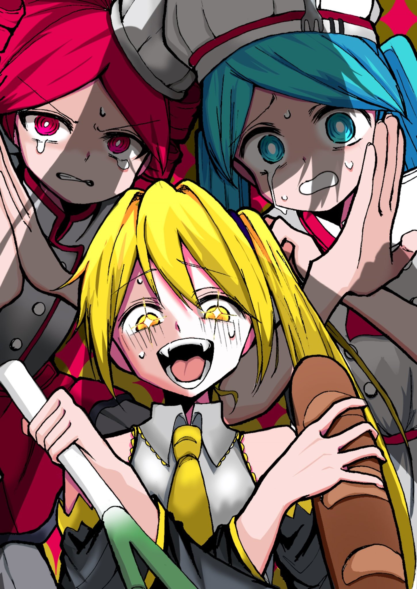 +_+, 3girls, akita_neru, apron, baguette, bare_shoulders, black_sleeves, blonde_hair