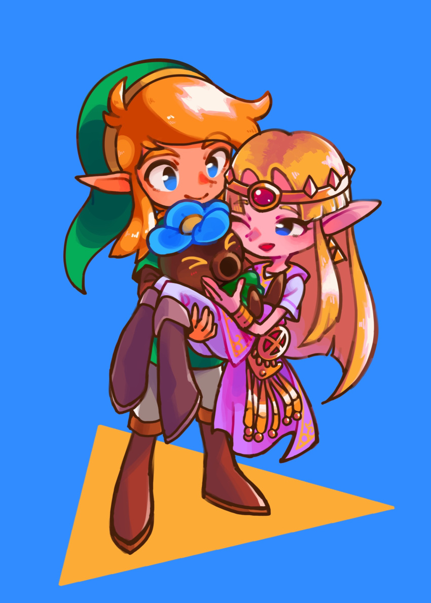 1boy, 1girl, blonde_hair, blue_eyes, brown_footwear, cadence_of_hyrule, carrying, deku_scrub