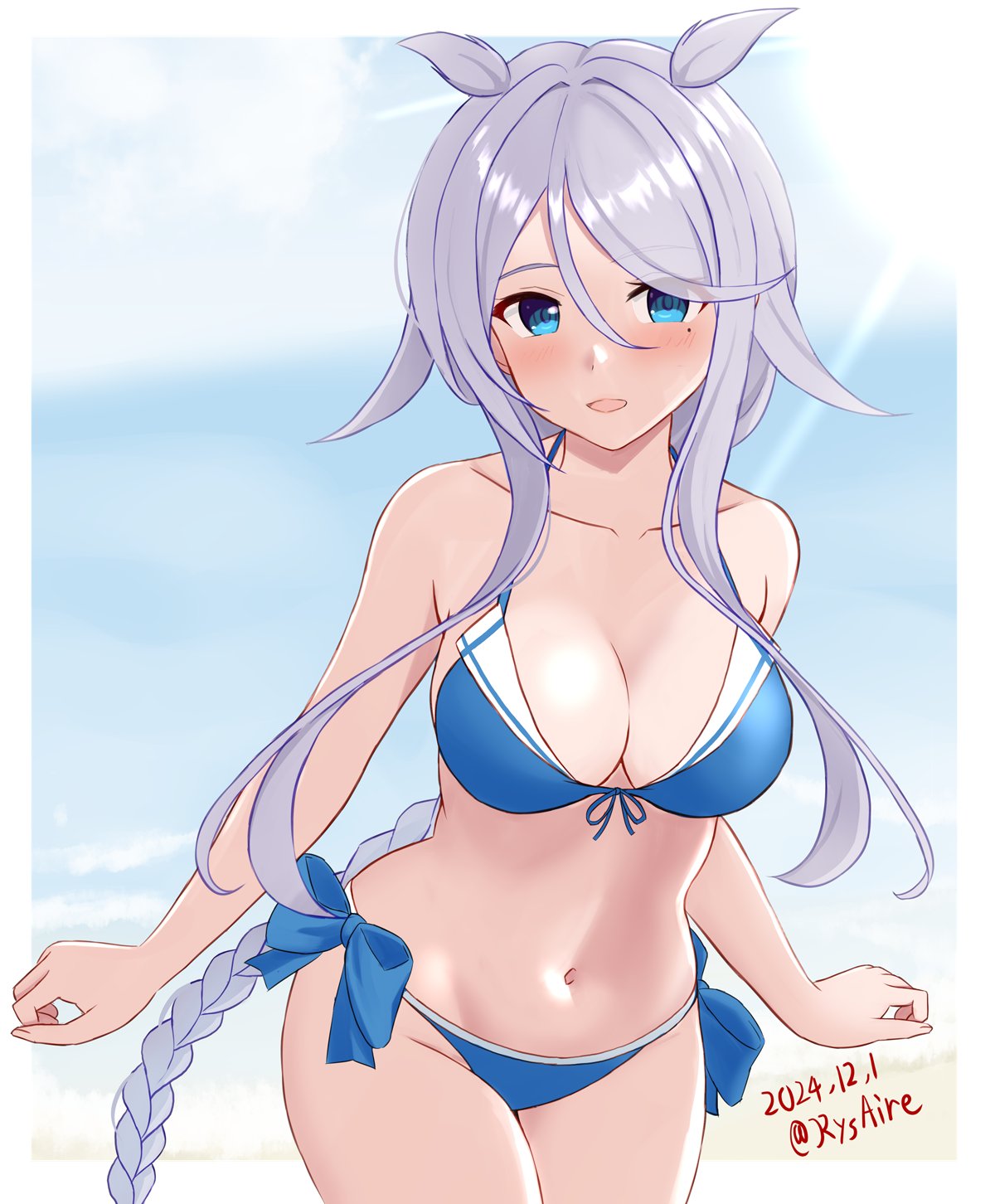 1girl, ame-san, beach, bikini, blue_bikini, blue_eyes, blush, braid