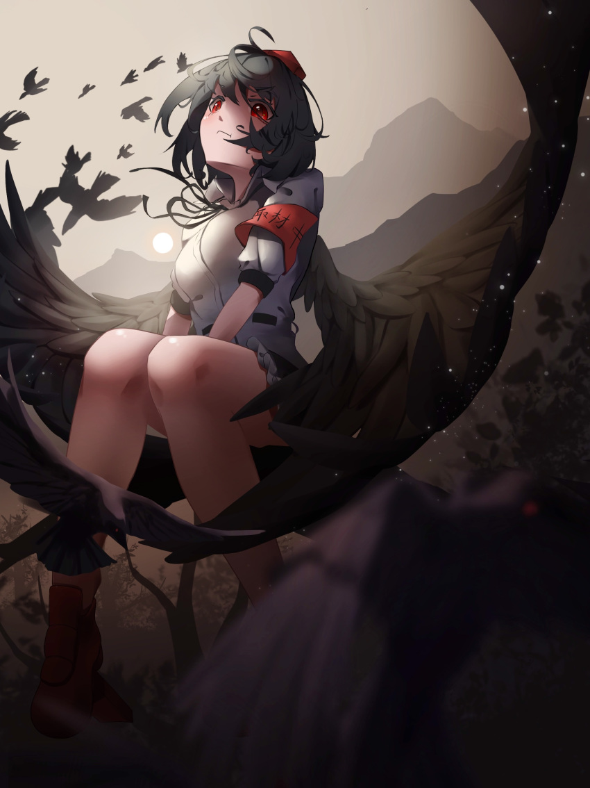 absurdres, armband, bai_huashu, bird, bird_wings, black_bird, black_hair, black_skirt, black_wings, breasts, closed_mouth, feathered_wings, geta, hat, highres, medium_breasts, outdoors, puffy_short_sleeves, puffy_sleeves, red_eyes, red_footwear, red_hat, shameimaru_aya, shirt, short_hair, short_sleeves, sitting, skirt, tengu-geta, tokin_hat, touhou, white_shirt, wings