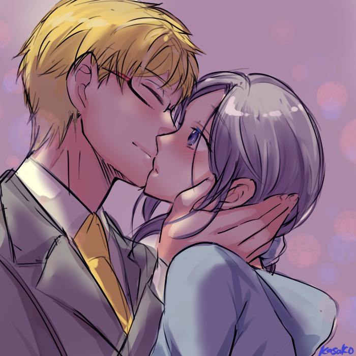 1boy, 1girl, artist_name, blonde_hair, brown_hair, closed_eyes, glasses, grey_suit