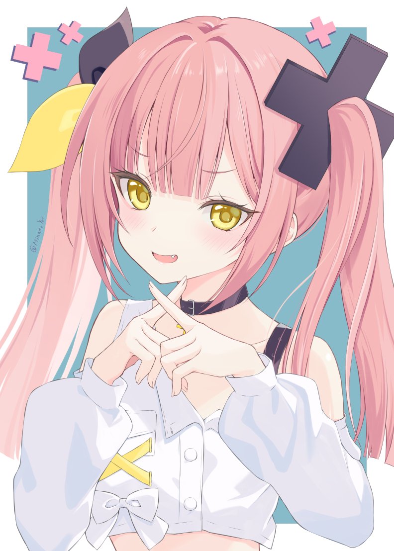 1girl, belt_collar, black_collar, bow, collar, commentary, fang, hair_bow, hair_ornament, long_hair, looking_at_viewer, minatoyui3710, ponytail, shirt, smile, solo, twintails, virtual_youtuber, vshojo, white_shirt, x_hair_ornament, yellow_bow, yellow_eyes, yutori_peke