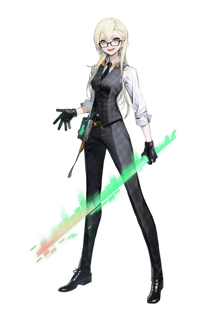 1girl, :d, absurdres, aqua_eyes, black-framed_eyewear, black_footwear, black_gloves, black_necktie
