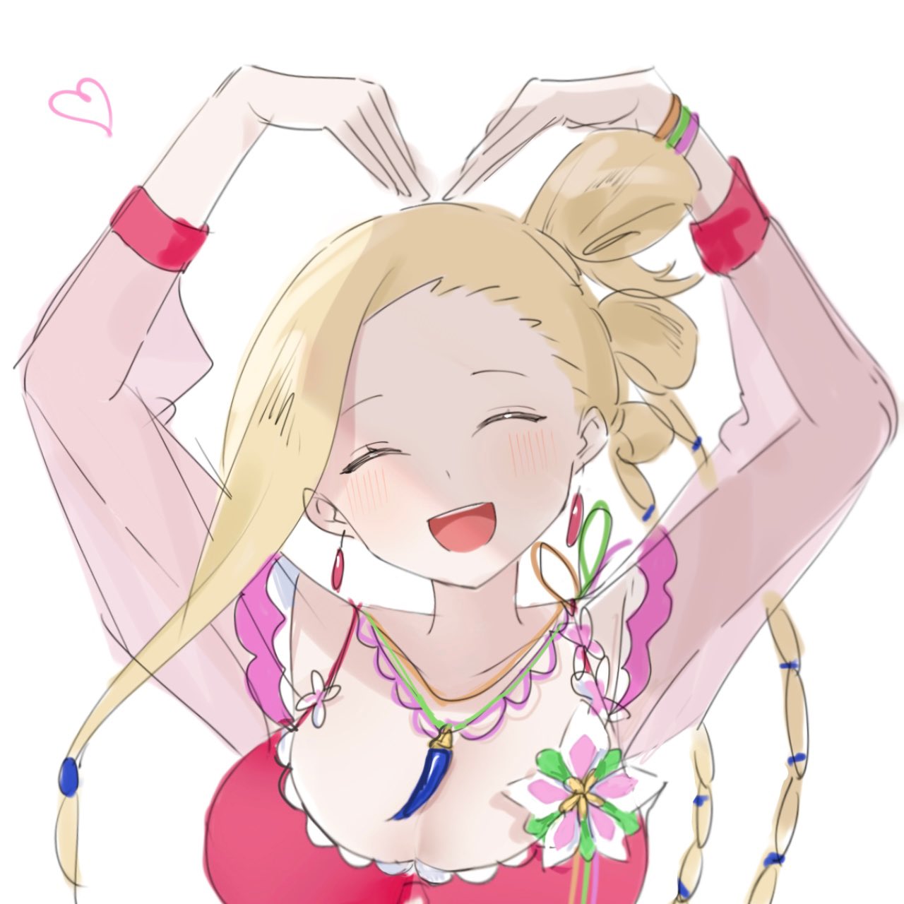 1girl, blonde_hair, blush, closed_eyes, earrings, flower, heart, heart_hands