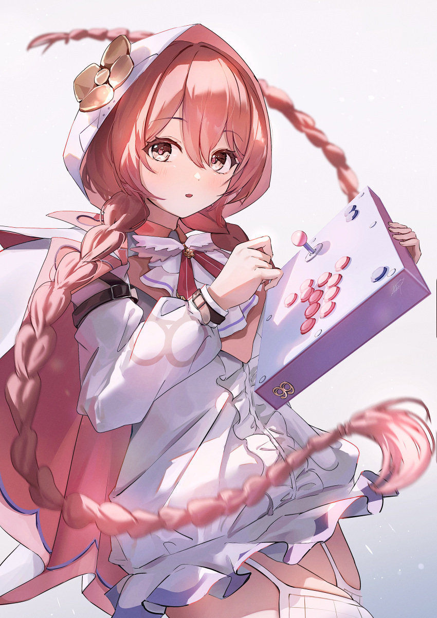 1girl, absurdres, amayui_moka, arcade_stick, braid, brown_hair, center_frills, cloak, controller, double-parted_bangs, dress, flower_ornament, frills, game_controller, grey_background, grey_eyes, hair_between_eyes, highres, holding, hood, hoodie, joystick, long_hair, long_sleeves, muchi2p, open_mouth, puffy_sleeves, simple_background, solo, thigh-highs, twin_braids, virtual_youtuber, vspo!, white_dress, white_hoodie, white_thighhighs