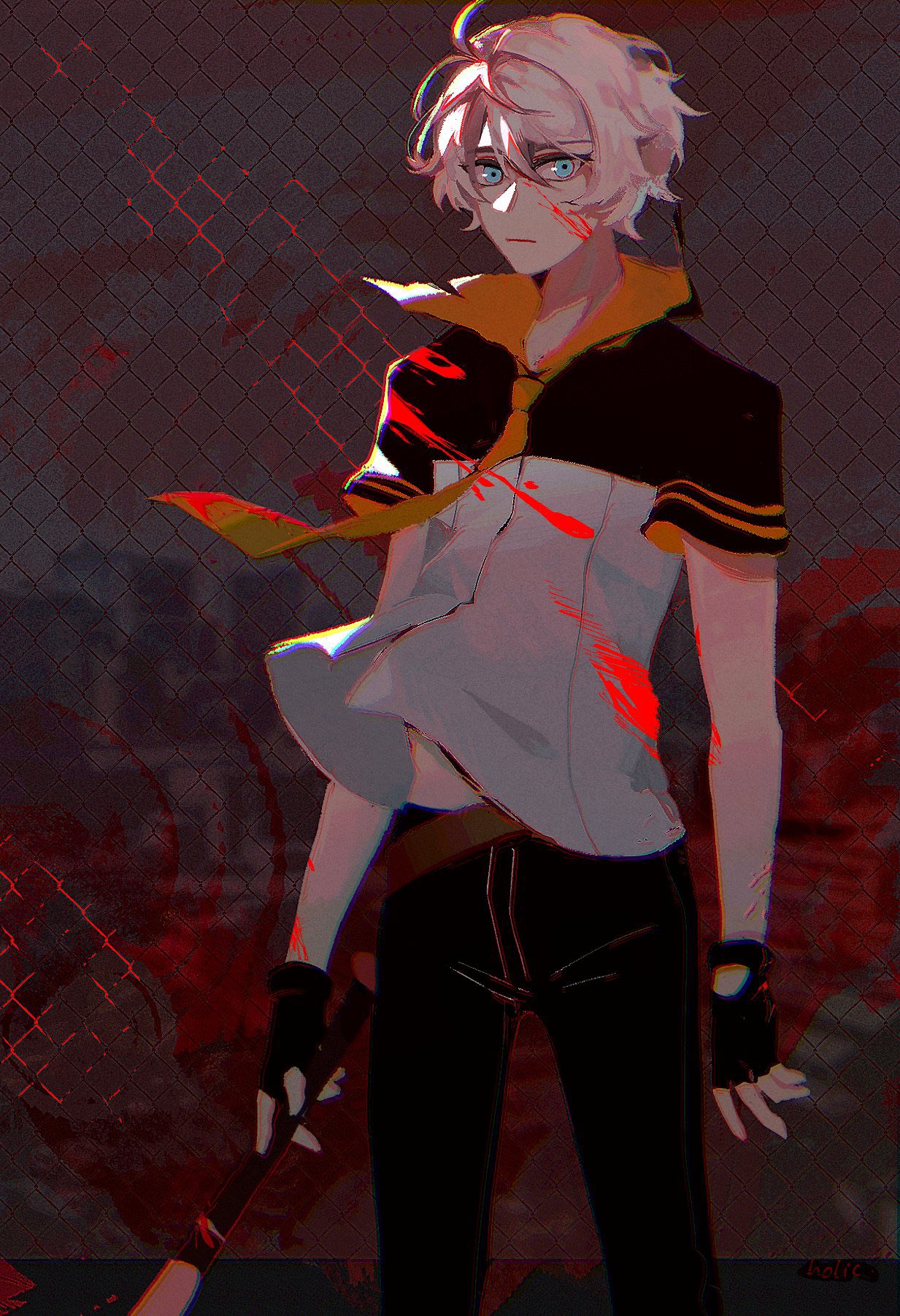 1girl, antenna_hair, baseball_bat, belt, birdsofpasssage, black_gloves, black_pants, blood, blood_on_arm, blood_on_clothes, blood_on_face, blue_eyes, brown_belt, closed_mouth, collared_shirt, english_commentary, fingerless_gloves, from_side, glove_cutout, gloves, hair_between_eyes, high_collar, highres, holding, holding_baseball_bat, holding_weapon, honkai_(series), honkai_impact_3rd, kevin_kaslana, looking_at_viewer, looking_to_the_side, loose_belt, multicolored_shirt, necktie, outdoors, pants, shirt, short_hair, short_sleeves, solo, standing, weapon, white_hair, yellow_necktie