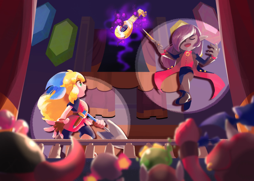 1boy, 1girl, bandana, black_pants, blonde_hair, blue_bandana, blurry, blurry_foreground