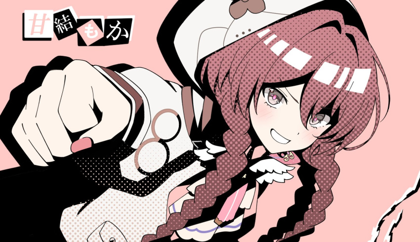 1girl, amayui_moka, ascot, blush, braid, brown_hair, character_name, clenched_hand