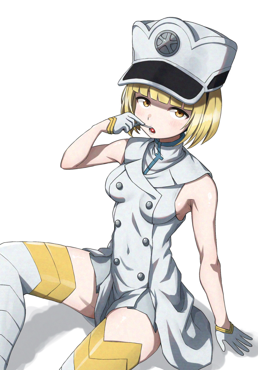 1girl, arm_at_side, armpit_crease, bare_shoulders, bleach, bleach:_sennen_kessen-hen, blonde_hair, blunt_bangs, blush, boots, breasts, buttons, candy, collared_dress, commentary, dress, feet_out_of_frame, food, food_in_mouth, gloves, half_gloves, hand_up, hat, highres, holding, holding_candy, holding_food, holding_lollipop, impossible_clothes, liltotto_lamperd, lollipop, looking_at_viewer, military_hat, nagyiiie, open_mouth, petite, sanpaku, short_dress, short_hair, simple_background, sitting, sleeveless, sleeveless_dress, small_breasts, solo, thigh_boots, upturned_eyes, white_background, white_footwear, white_gloves, white_hat, yellow_eyes, zettai_ryouiki