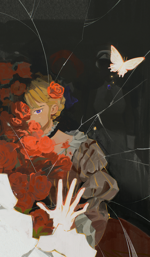 1boy, 2girls, 404_hemao, beatrice_(umineko), blonde_hair, blue_eyes, broken_mirror, brown_dress, bug, butterfly, cowboy_shot, crying, crying_with_eyes_open, dress, fingernails, flower, hair_flower, hair_ornament, kanon_(umineko), mirror, multiple_girls, red_flower, red_rose, rose, shannon_(umineko), solo_focus, tears, umineko_no_naku_koro_ni, witch