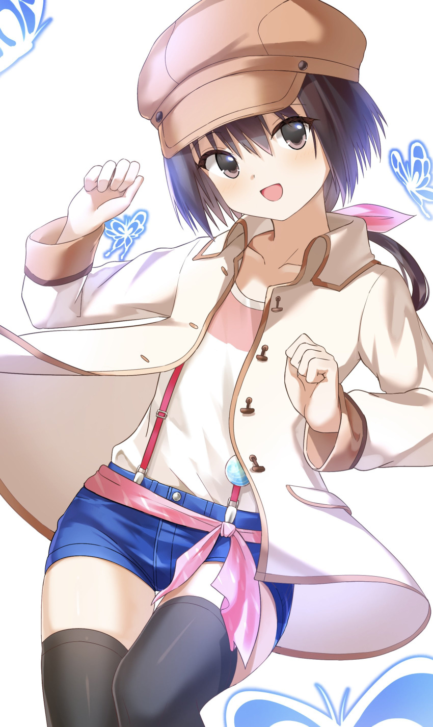 1girl, :d, absurdres, black_thighhighs, blue_butterfly, blue_shorts, blush, brown_eyes