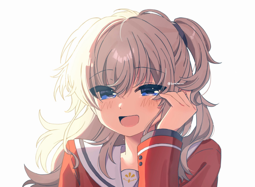1girl, :d, blue_eyes, blush, charlotte_(anime), close-up, commentary, eshiko