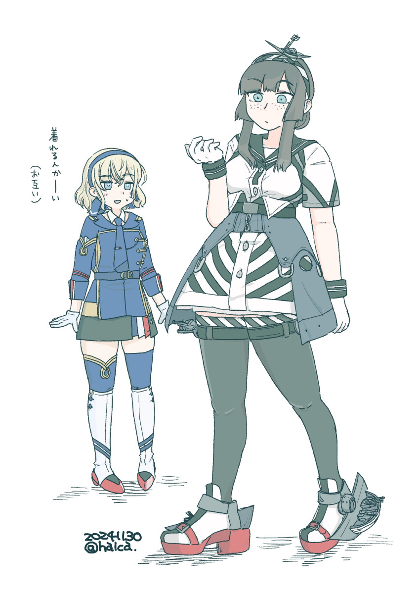 2girls, absurdres, black_pantyhose, black_sailor_collar, black_skirt, black_stripes, blonde_hair, blue_hairband
