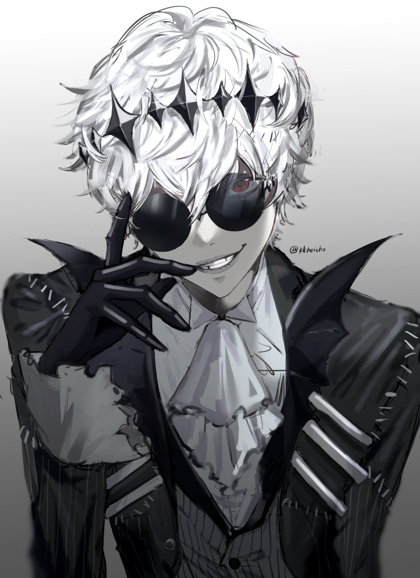 1boy, absurdres, bishounen, black_crown, black_gloves, crown, formal_clothes, gloves