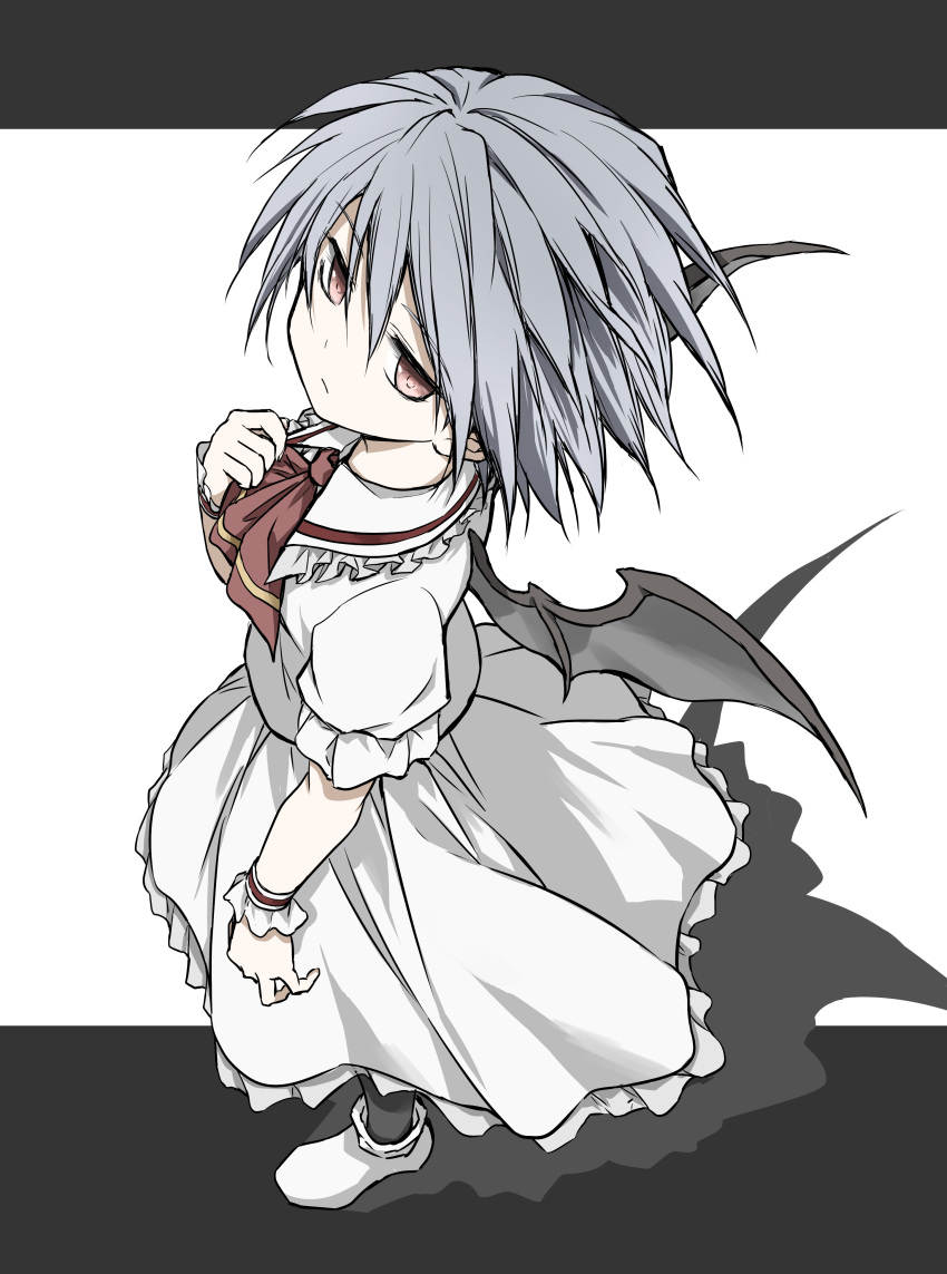 1girl, absurdres, ascot, bat_wings, black_socks, black_wings, blue_hair, collared_shirt