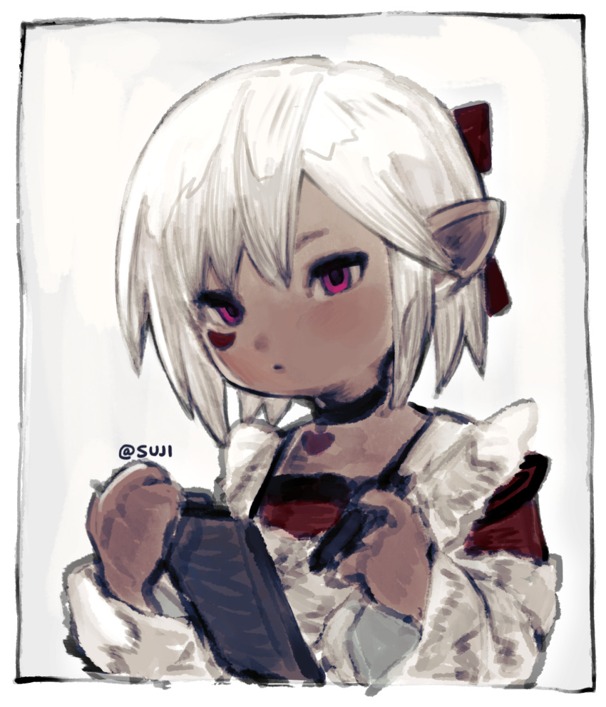 1girl, apron, black_choker, border, choker, closed_mouth, dark-skinned_female, dark_skin, expressionless, final_fantasy, final_fantasy_xiv, grey_background, hair_ribbon, heart, heart_choker, highres, lalafell, long_sleeves, lovelivexax, original, pink_eyes, pointy_ears, red_ribbon, red_shirt, ribbon, shirt, short_hair, solo, upper_body, warrior_of_light_(ff14), white_apron, white_border, white_hair