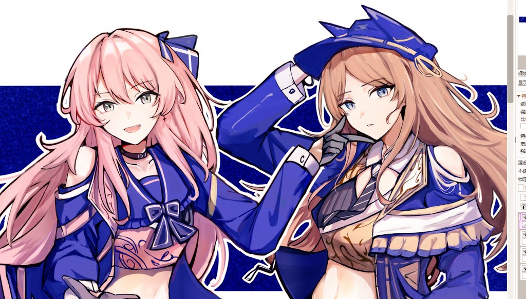 2girls, ansy09080527, art_program_in_frame, bang_dream!, bang_dream!_it's_mygo!!!!!, black_choker, black_gloves, black_necktie, blue_eyes, blue_hat, blue_jacket, brown_hair, chihaya_anon, chinese_commentary, choker, clothing_cutout, commentary_request, crop_top, fang, gloves, grey_eyes, half_gloves, hand_on_another's_chin, hat, jacket, long_hair, long_sleeves, looking_at_viewer, multiple_girls, nagasaki_soyo, necktie, open_mouth, outline, parted_lips, pink_hair, shoulder_cutout, smile, upper_body, white_outline