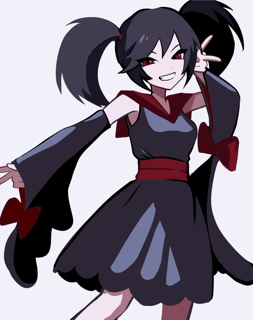 1girl, black_dress, black_hair, detached_sleeves, double_v, dress, furisode_girl_(pokemon), furisode_girl_kali