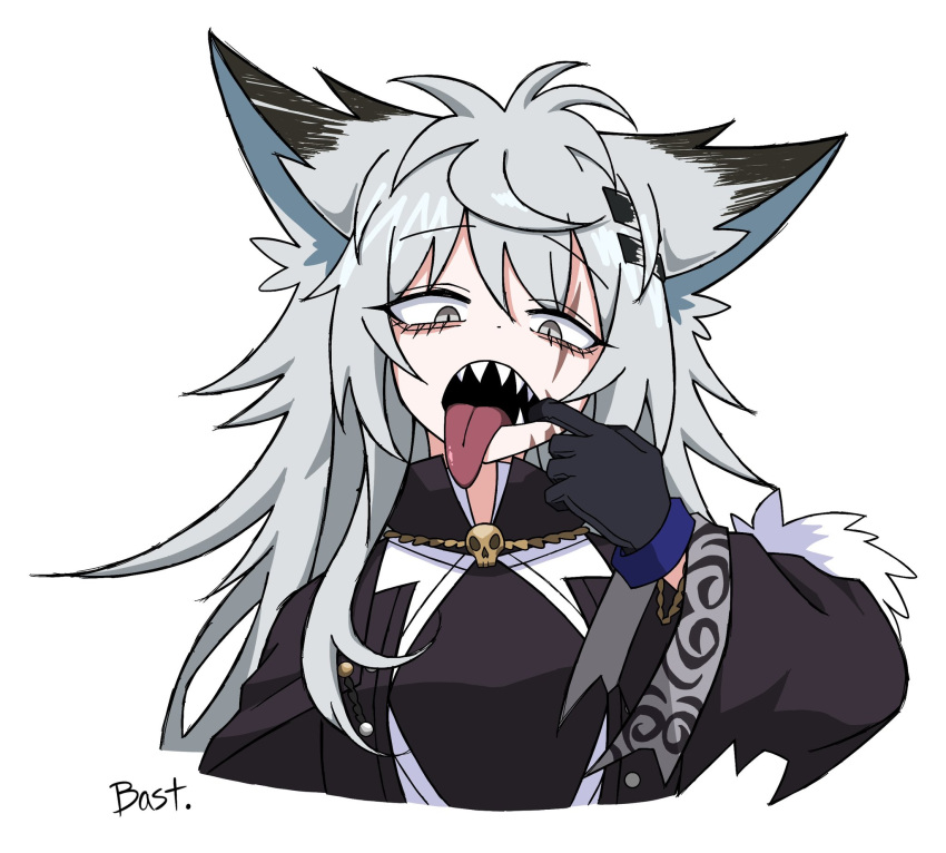 1girl, animal_ears, arknights, artist_name, bastetris, black_coat, black_gloves, bright_pupils, coat, cropped_torso, dot_nose, english_commentary, gloves, grey_eyes, grey_hair, hair_between_eyes, hair_ornament, hairpin, highres, lappland_(arknights), lappland_(refined_horrormare)_(arknights), long_hair, messy_hair, mouth_pull, official_alternate_costume, open_clothes, open_coat, open_mouth, scar, scar_across_eye, scar_on_face, sharp_teeth, simple_background, slit_pupils, solo, teeth, tongue, tongue_out, upper_body, white_background, white_pupils, wolf_ears