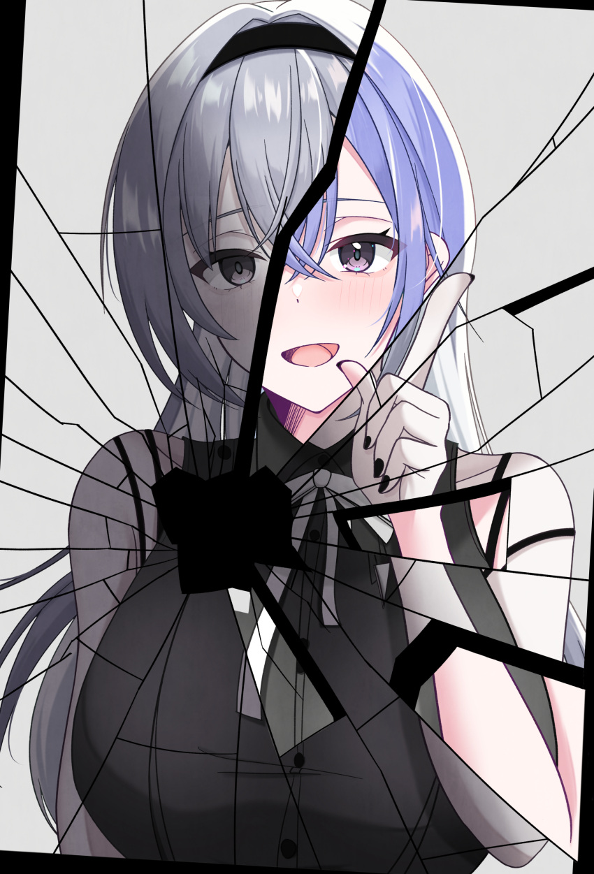 1girl, absurdres, bare_shoulders, black_hairband, black_nails, black_shirt, blue_hair, breasts