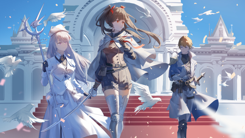1boy, 2girls, absurdres, alternate_costume, armored_boots, armored_gloves, bird, black_gloves