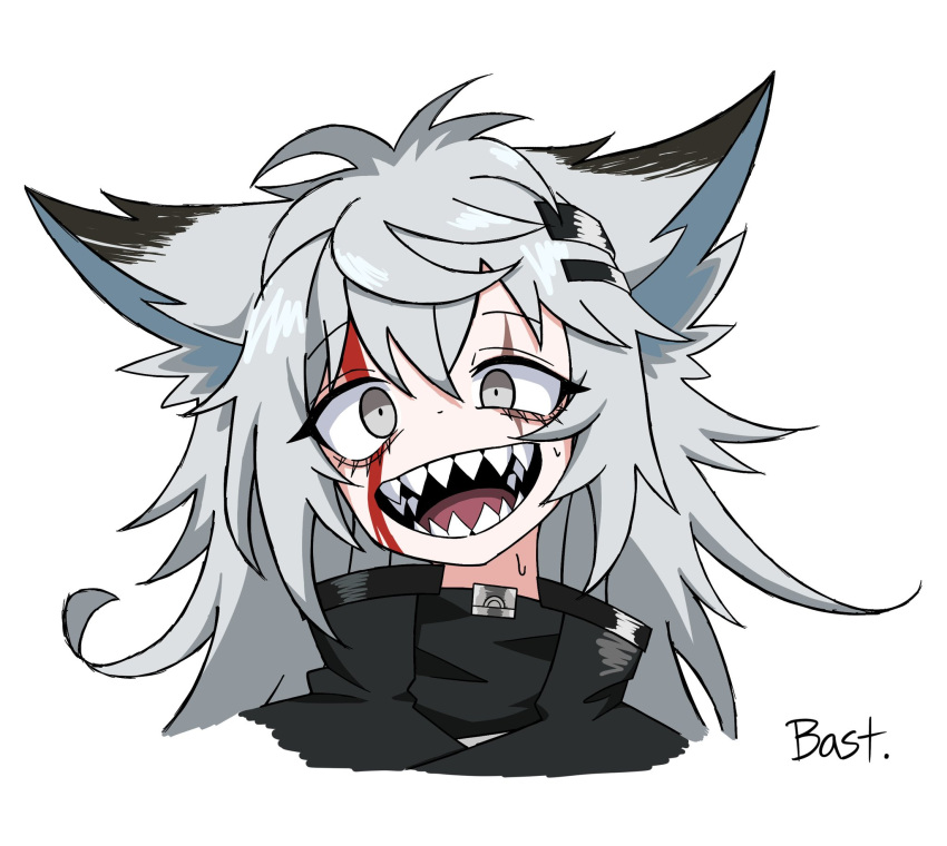 1girl, :d, animal_ears, arknights, artist_name, bastetris, black_coat, blood