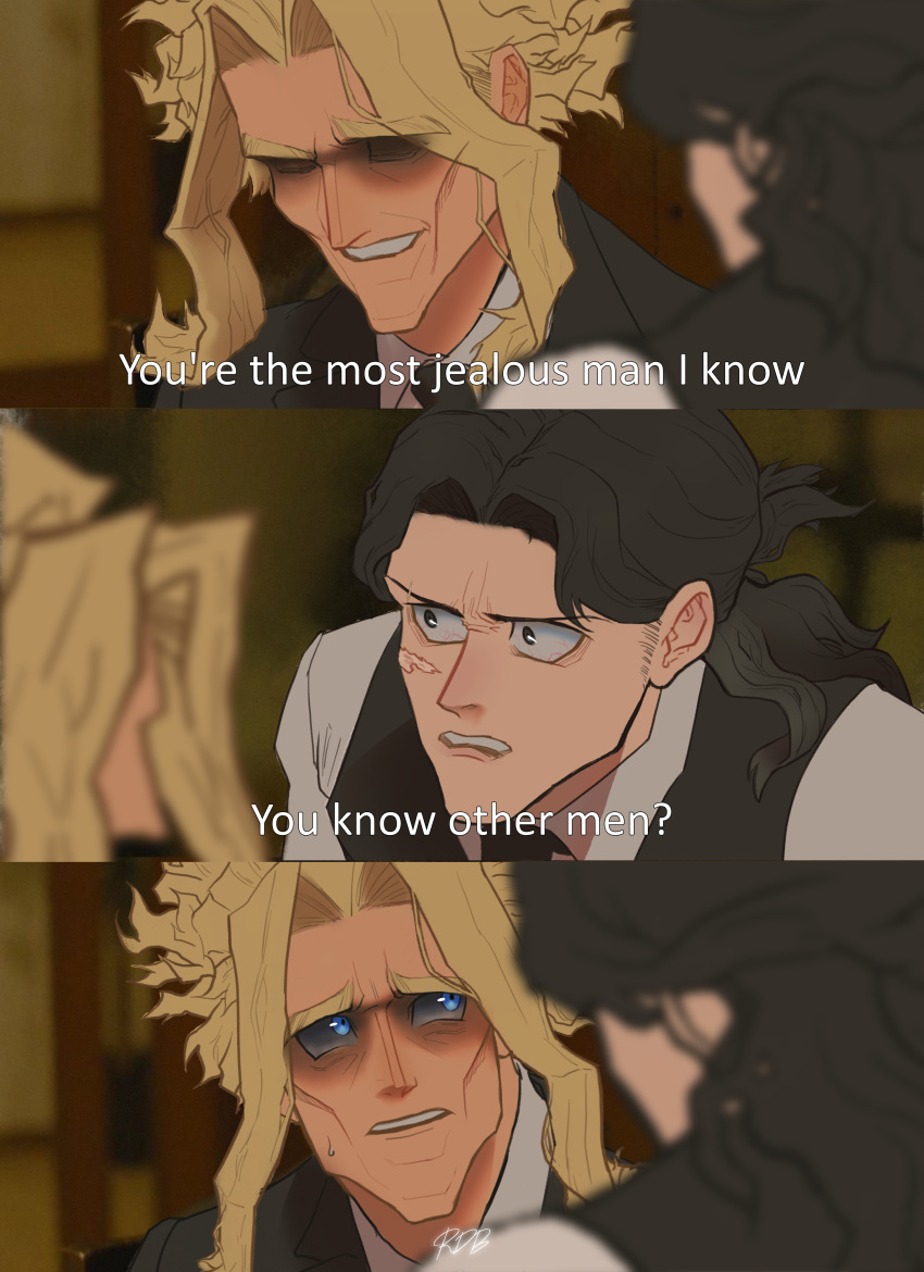 2boys, absurdres, aizawa_shota, black_hair, black_necktie, black_suit, black_vest, blonde_hair, blue_eyes, boku_no_hero_academia, cherry_magic!, english_commentary, english_text, highres, indoors, long_hair, looking_at_another, male_focus, meme, multiple_boys, necktie, red_meat_sauce, scar, scar_on_face, suit, sweatdrop, thick_eyebrows, vest, yagi_toshinori, you_know_other_men?_(meme)