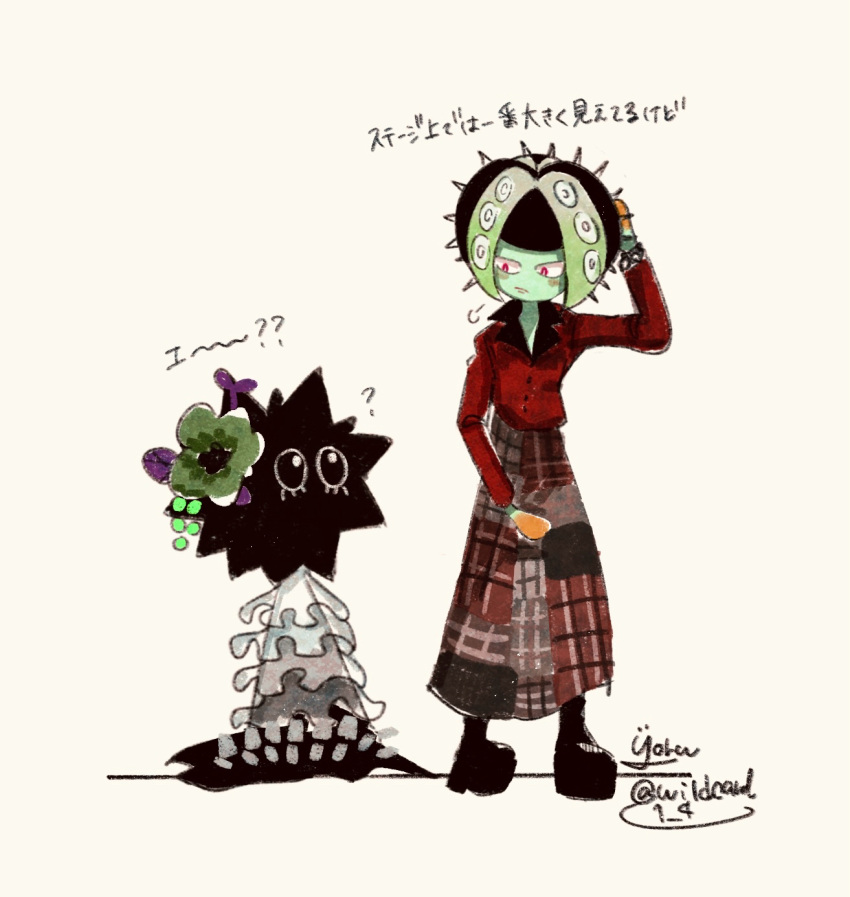 2girls, ?, arm_up, black_footwear, collared_shirt, colored_skin, green_skin, highres, kitamura_(splatoon), long_skirt, multiple_girls, no_mouth, no_nose, oonie_(splatoon), print_skirt, red_eyes, red_shirt, shirt, signature, simple_background, skirt, splatoon_(series), splatoon_3, translation_request, twitter_username, white_background, wildcard1_4