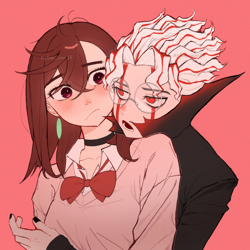 1boy, 1girl, alternate_form, black_choker, black_jacket, black_nails, blush, bow