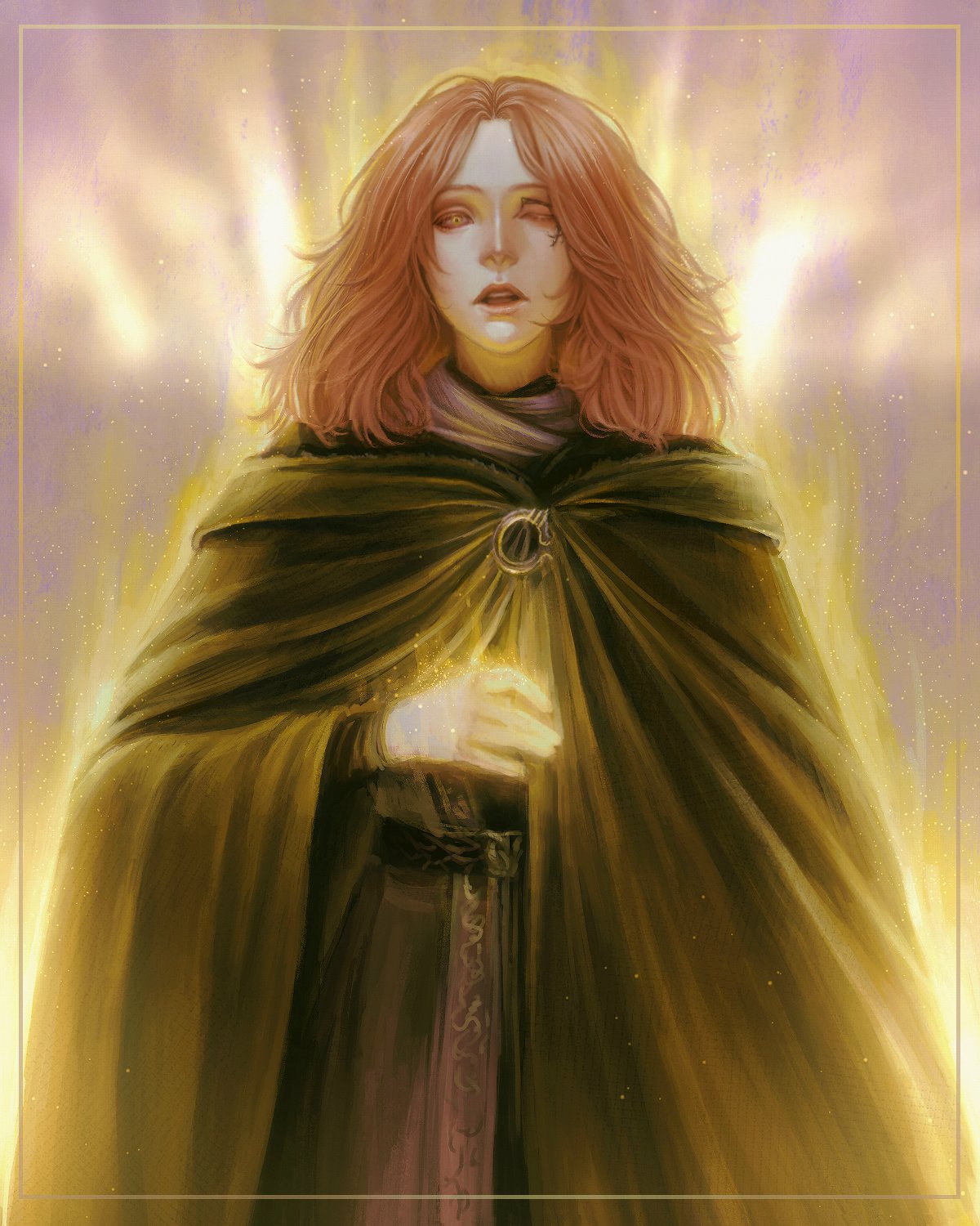 1girl, brown_hair, cloak, commentary, elden_ring, facial_tattoo, glowing, highres