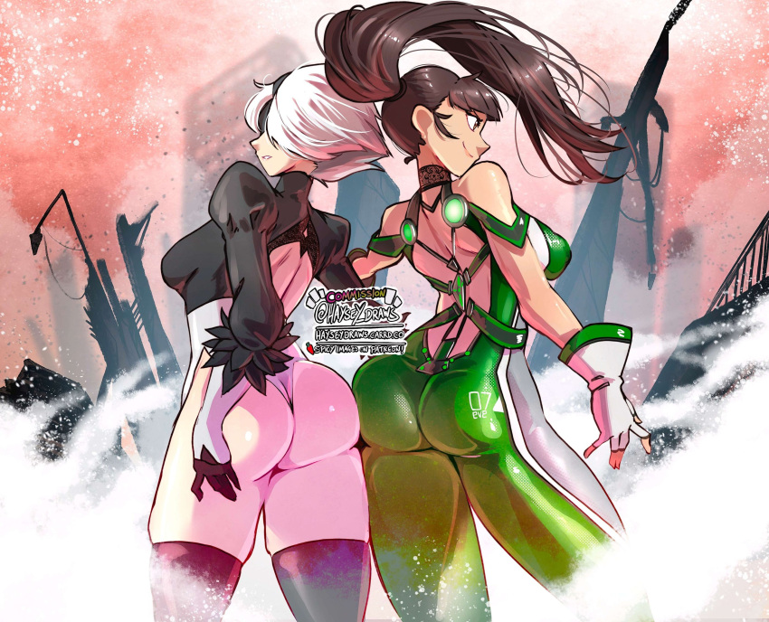 2b_(nier:automata), 2girls, ass, ass_focus, back_turned, bodysuit, brown_hair, eve_(stellar_blade)