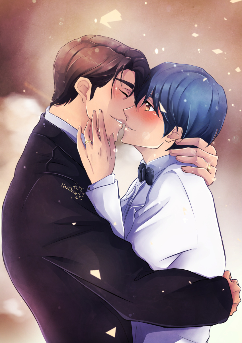 2boys, 30-sai_made_doutei_dato_mahoutsukai_ni_nareru_rashii, absurdres, adachi_kiyoshi, artist_name, black_bow, black_bowtie, black_suit, blue_hair, blurry, blurry_background, blush, bow, bowtie, brown_background, brown_eyes, brown_hair, cherry_magic!, closed_eyes, highres, hug, imminent_kiss, iwonn_(pixiv943160), kurosawa_yuuichi_(30-sai_made_doutei_dato_mahoutsukai_ni_nareru_rashii), long_sleeves, looking_at_another, male_focus, multiple_boys, short_hair, suit, traditional_bowtie, upper_body, white_suit, yaoi