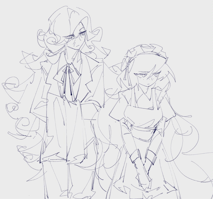 2girls, ahab_(project_moon), apron, averting_eyes, butler, cowboy_shot, dress, female_butler