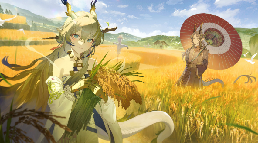 00suger001, 1boy, 1girl, absurdres, arknights, bare_shoulders, bead_bracelet, beads